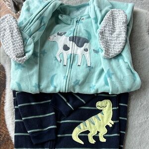 2 Carter's Blue and Black Kids Fleece Pajamas with Cow and Dinosaur